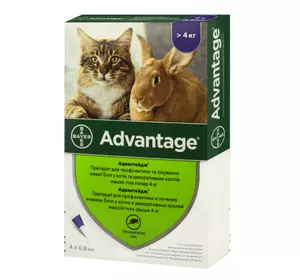 Краплі від бліх Advantage (Адвантейдж) 80 для котів і декоративних кролів вагою понад 4 кг (1 піпетка 0,8 мл) Bayer