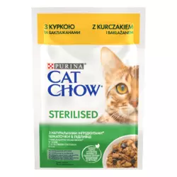 Вологий корм Cat Chow Sterilized для стерилізованих/кастрованих котів з куркою та баклажанами, шматочки в підливці, 85 г