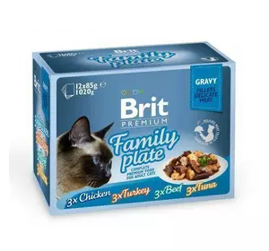 Набір вологих кормів Brit Premium Cat Pouches «Сімейна тарілка, філе в соусі» для котів, асорті із 4 смаків, 12 шт. х 85 г
