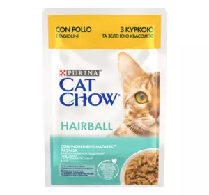 Вологий корм Cat Chow Hairball для зменшення утворення кульок шерсті у котів з куркою та квасолею, шматочки в підливці, 85 г
