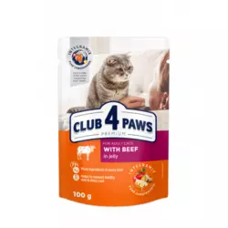 Повнораціонний консервований корм для дорослих кішок CLUB 4 PAWS (Клуб 4 лапи) Преміум з яловичиною в желе, 100 г