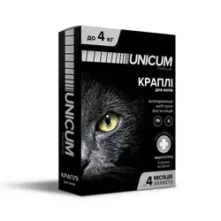 Краплі Unicum Premium (Унікум Преміум) від бліх та кліщів для котів вагою до 4 кг (упаковка 3 піпетки)