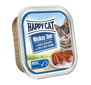 Повноціонний консервований корм Happy Cat Minkas Duo з яловичиною та диким лососем для котів, 100 г
