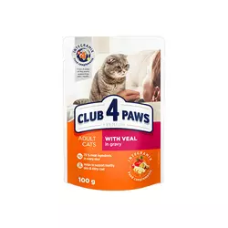 Повнораціонний консервований корм для дорослих кішок CLUB 4 PAWS (Клуб 4 Лапи) Преміум з телятиною в соусі, 100 г