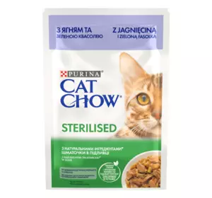 Вологий корм Cat Chow Sterilized для стерилізованих/кастрованих котів з ягням та зеленою квасолею, шматочки в підливці, 85 г