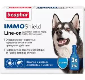 Краплі Беафар IMMO Shield протипаразитарні з силіконовою олією для собак середніх порід 15 - 30 кг 3 піпетки Beaphar
