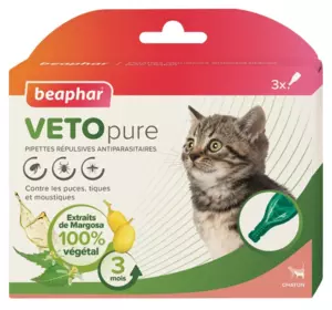VETO pure (BIO Spot on) натуральні протипаразитарні краплі для кошенят з 12 тижнів упаковка 3 піпетки Beaphar