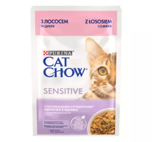 Вологий корм Cat Chow Sensitive для дорослих котів із чутливим травленням з лососем та цукіні, шматочки в підливці, 85 г