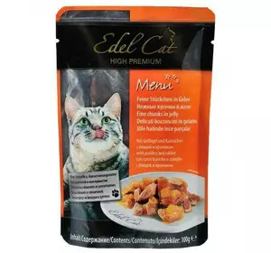 Вологий корм Edel Cat для котів, з птицею і кроликом в желе, 100 г