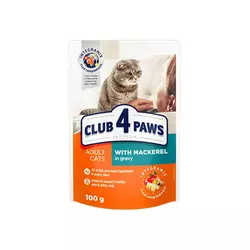 Повнораціонний консервований корм для дорослих кішок CLUB 4 PAWS (Клуб 4 Лапи) Преміум з макреллю в соусі, 100 г