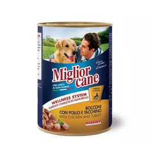 Вологі консерви для собак з шматочками курки та індички 405 г Migliorcane