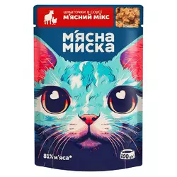 Вологий корм для дорослих котів М'ясна миска шматочки в соусі м'ясний мікс, 100 г