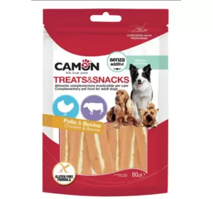 "Camon Treats & Snacks" - в'ялена закуска з курки та яловичини для дорослих собак, 12см 80г 14шт/уп "Camon Treats & Snacks" - в'ялена закуска з курки та яловичини для дорослих собак, 12см 80г 14шт/уп