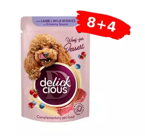Вологий корм для дорослих собак Delickcious пластівці з ягнятиною та лісовими ягодами у вершковому соусі, Акция 8+4 (12 шт × 80 г) Вологий корм для дорослих собак Delickcious пластівці з ягнятиною та лісовими ягодами у вершковому соусі, Акция 8+4 (12 шт × 80 г)