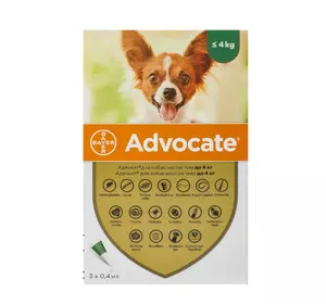 Краплі Адвокат для собак вагою до 4 кг (0,4 мл 1 піпетка) BAYER Краплі Адвокат для собак вагою до 4 кг (0,4 мл 1 піпетка) BAYER