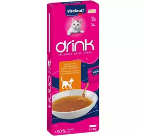 Апетитний напій для котів шматочками м’яса Вітакрафт Vitakraft CAT DRINK зі смаком курки і таурина 5 шт × 30 г Апетитний напій для котів шматочками м’яса Вітакрафт Vitakraft CAT DRINK зі смаком курки і таурина 5 шт × 30 г