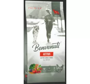 Корм для активних собак усіх порід Бенвенуті Benvenuti Attivi 15 кг з куркою Корм для активних собак усіх порід Бенвенуті Benvenuti Attivi 15 кг з куркою