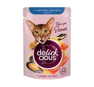 Вологий корм для дорослих котів Делікшес Delickcious шматочки з лососем і мідіями в соусі, 85 г Вологий корм для дорослих котів Делікшес Delickcious шматочки з лососем і мідіями в соусі, 85 г