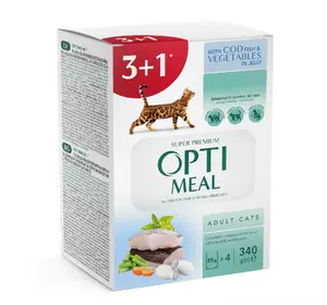 Набір вологого корму для дорослих котів Оптіміл Optimeal з тріскою та овочами в желе (4 шт) Набір вологого корму для дорослих котів Оптіміл Optimeal з тріскою та овочами в желе (4 шт)