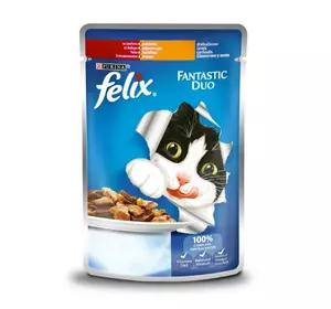 Вологий корм Фелікс Felix Fantastic Duo (пауч) для кішок шматочки в желе з яловичиною і птицею 85 г
