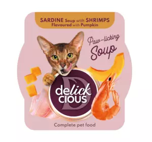 Повноцінний корм для дорослих котів Делікшес Delickcious суп з сардини з креветками та додаванням гарбуза, 80 г Повноцінний корм для дорослих котів Делікшес Delickcious суп з сардини з креветками та додаванням гарбуза, 80 г