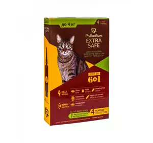 Краплі Extra Safe (Екстра Сейф) від 6-ти видів паразитів для котів вагою до 4 кг упаковка №4 піпетки Palladium Краплі Extra Safe (Екстра Сейф) від 6-ти видів паразитів для котів вагою до 4 кг упаковка №4 піпетки Palladium