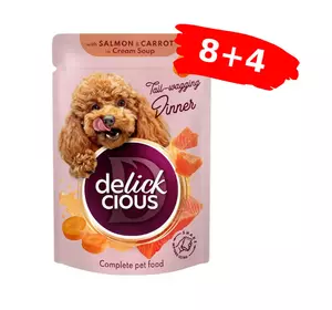 Вологий корм для дорослих собак Delickcious смужки з лососем та морквою в крем-супі, Акція 8+4 (12 шт × 85 г) Вологий корм для дорослих собак Delickcious смужки з лососем та морквою в крем-супі, Акція 8+4 (12 шт × 85 г)