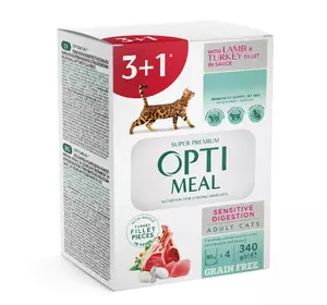 Набір беззернового вологого корму для котів Оптіміл Optimeal з ягням та індичкою у соусі для чутливого травлення (4 шт) Набір беззернового вологого корму для котів Оптіміл Optimeal з ягням та індичкою у соусі для чутливого травлення (4 шт)
