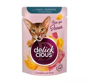 Вологий корм для дорослих котів Делікшес Delickcious смужки з качкою та гарбузом в крем-супі, 85 г Вологий корм для дорослих котів Делікшес Delickcious смужки з качкою та гарбузом в крем-супі, 85 г