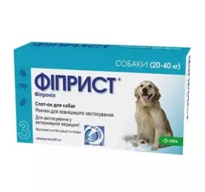 Фіприст Спот-он краплі від бліх, кліщів та власоїдів, для собак 20-40 кг упаковка №3 піпетки по 2.68 мл KRKA Фіприст Спот-он краплі від бліх, кліщів та власоїдів, для собак 20-40 кг упаковка №3 піпетки по 2.68 мл KRKA