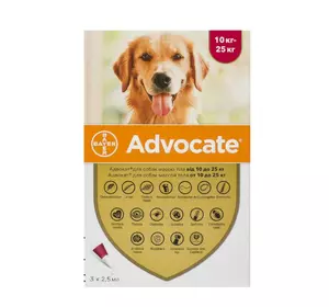Краплі Адвокат для собак вагою від 10 до 25 кг (2,5 мл 1 піпетка) BAYER (термін до 09.2025) Краплі Адвокат для собак вагою від 10 до 25 кг (2,5 мл 1 піпетка) BAYER (термін до 09.2025)