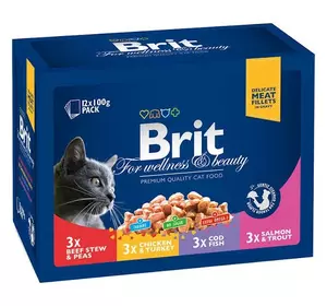 Вологий корм для котів Бріт Brit Premium Набір павучів сімейна тарілка асорті 4 смаки 100 г х 12 шт