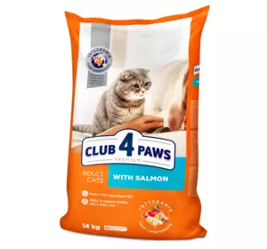 Повнораціонний сухий корм для дорослих кішок CLUB 4 PAWS (Клуб 4 Лапи) Преміум з лососем, 14 кг Повнораціонний сухий корм для дорослих кішок CLUB 4 PAWS (Клуб 4 Лапи) Преміум з лососем, 14 кг