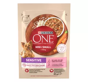 Вологий корм Purina One Mini Sensitive для собак маленьких порід (до 10 кг) з чутливим травленням у підливці з лососем, 85 г Вологий корм Purina One Mini Sensitive для собак маленьких порід (до 10 кг) з чутливим травленням у підливці з лососем, 85 г
