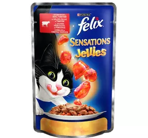 Вологий корм Фелікс Felix Sensations Jellies для кішок шматочки з яловичиною і томатами в желе 85 г, Purina