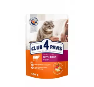 Повнораціонний консервований корм для дорослих кішок CLUB 4 PAWS (Клуб 4 лапи) Преміум з яловичиною в желе, 100 г