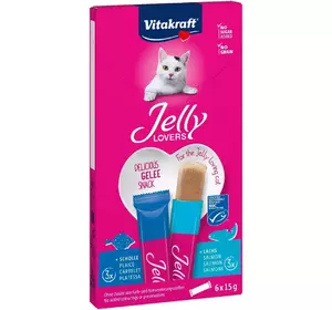 Низькокалорійне желе для котів Вітакрафт Vitakraft Jelly Lovers з лососем та камбалою (2 смаки), 6 шт × 15 г Низькокалорійне желе для котів Вітакрафт Vitakraft Jelly Lovers з лососем та камбалою (2 смаки), 6 шт × 15 г