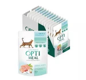 Вологий корм для дорослих котів Оптіміл Optimeal з фореллю в кремовому соусі (блок 12 шт x 85 г) Вологий корм для дорослих котів Оптіміл Optimeal з фореллю в кремовому соусі (блок 12 шт x 85 г)