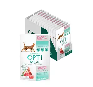 Беззерновий вологий корм для котів Оптіміл Optimeal з ягням та індичкою у соусі для чутливого травлення (блок 12 шт x 85 г) Беззерновий вологий корм для котів Оптіміл Optimeal з ягням та індичкою у соусі для чутливого травлення (блок 12 шт x 85 г)