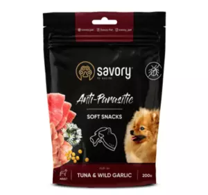 М'які ласощі для собак Сейворі Savory з антипаразитарним ефектом з тунецем та диким часником 200 г М'які ласощі для собак Сейворі Savory з антипаразитарним ефектом з тунецем та диким часником 200 г