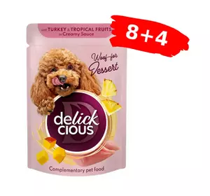 Вологий корм для собак Delickcious пластівці з індичкою та тропічними фруктами у вершковому соусі, Акция 8+4 (12 шт × 80 г) Вологий корм для собак Delickcious пластівці з індичкою та тропічними фруктами у вершковому соусі, Акция 8+4 (12 шт × 80 г)