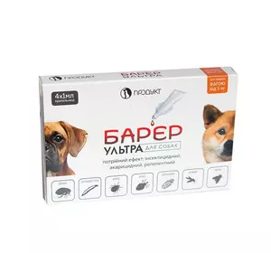 Бар'єр Ультра краплі від бліх та кліщів для собак 5 - 10 кг (4 ампули х 1 мл), Продукт (термін до 08.2026 р) Бар'єр Ультра краплі від бліх та кліщів для собак 5 - 10 кг (4 ампули х 1 мл), Продукт (термін до 08.2026 р)