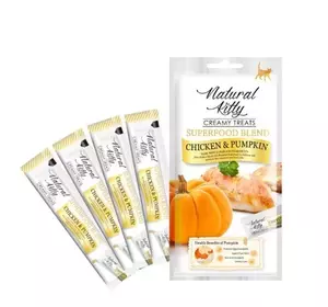 Крем-снек для котів Natural Kitty Creamy treats Chicken & Pumpkin зі смаком курки та гарбуза упаковка №4 по 12 г Крем-снек для котів Natural Kitty Creamy treats Chicken & Pumpkin зі смаком курки та гарбуза упаковка №4 по 12 г