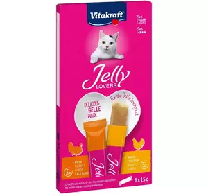 Низькокалорійне желе для котів Вітакрафт Vitakraft Jelly Lovers з куркою та індичкою (2 смаки), 6 шт × 15 г Низькокалорійне желе для котів Вітакрафт Vitakraft Jelly Lovers з куркою та індичкою (2 смаки), 6 шт × 15 г