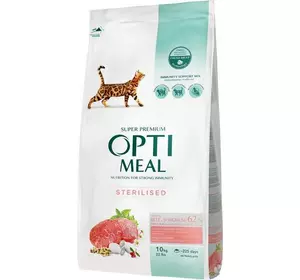 Повнораціонний сухий корм Optimeal для стерилізованих кішок і кастрованих котів з яловичиною та сорго 10 кг Повнораціонний сухий корм Optimeal для стерилізованих кішок і кастрованих котів з яловичиною та сорго 10 кг