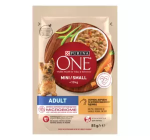 Вологий корм Purina One Mini/Small для дорослих собак маленьких порід (до 10 кг) у підливці з куркою, морквою та квасолею 85 г Вологий корм Purina One Mini/Small для дорослих собак маленьких порід (до 10 кг) у підливці з куркою, морквою та квасолею 85 г