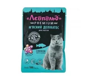 Вологий корм Леопольд Преміум м'ясний делікатес з лососем для кішок 100 г Вологий корм Леопольд Преміум м'ясний делікатес з лососем для кішок 100 г