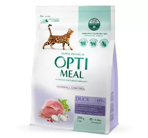Сухий корм для дорослих котів Оптіміл Optimeal з ефектом виведення шерсті за смаком качки, 200 г Сухий корм для дорослих котів Оптіміл Optimeal з ефектом виведення шерсті за смаком качки, 200 г