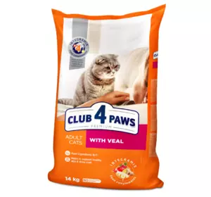 Повнораціонний сухий корм для дорослих кішок CLUB 4 PAWS (Клуб 4 Лапи) Преміум з телятиною, 14 кг Повнораціонний сухий корм для дорослих кішок CLUB 4 PAWS (Клуб 4 Лапи) Преміум з телятиною, 14 кг