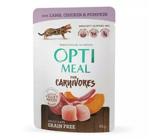 Беззерновий вологий корм для котів Оптіміл Optimeal з ягням та курячим філе в гарбузовому желе (блок 12 шт x 85 г) Беззерновий вологий корм для котів Оптіміл Optimeal з ягням та курячим філе в гарбузовому желе (блок 12 шт x 85 г)
